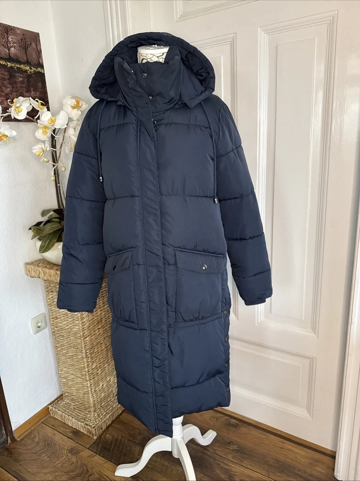 Kaffe Damen Wintermantel Blau Sehr Lang Gr 38 Großer Kragen + Kapuze Steppmantel - Bild 3 von 4