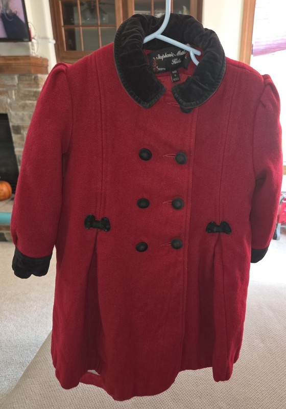 Stephanie Mathews Kids Red Wool Coat SIze 6 Black Trim Button Front Pea Coat 