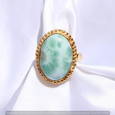 Natural Larimar Oval Blue Cabochon Handcrafted 925 Sterling Silver Ring