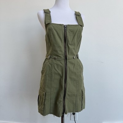 Ksubi Crypt Pinafore Khaki Zip Front Utility Mini Dress 100% Cotton Size Small