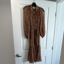 Zimmermann Leopard Print Silk Midi Dress 0P Balloon Sleeve Tie Waist