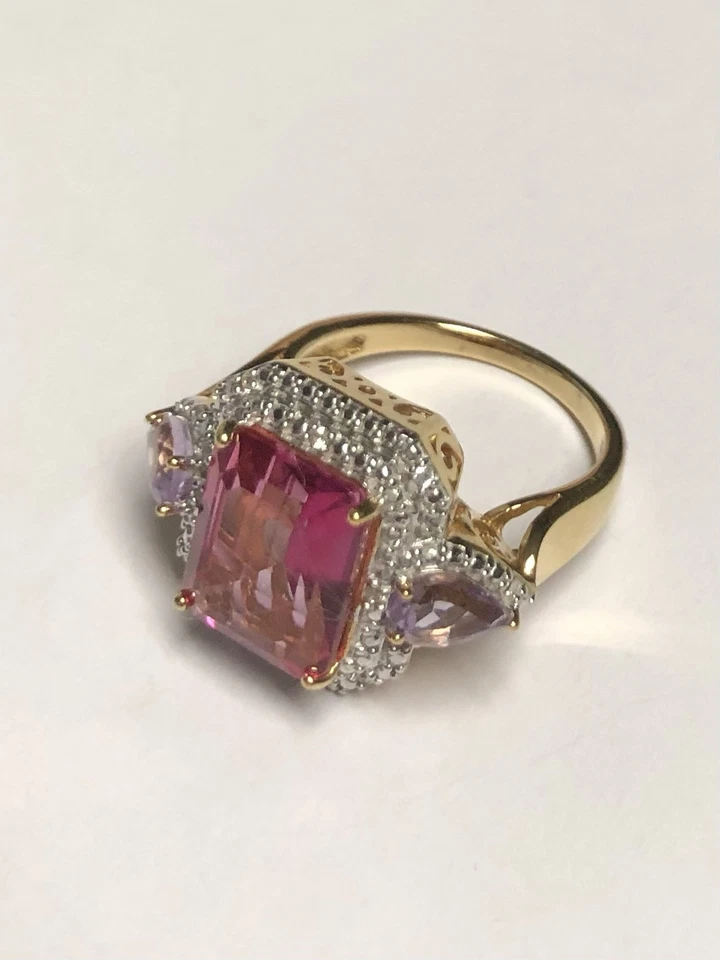 Кольцо с розовым топазом и белым цирзоном — позолота 925 пробы, размер 54 (США 7) - Изображение 3 из 4