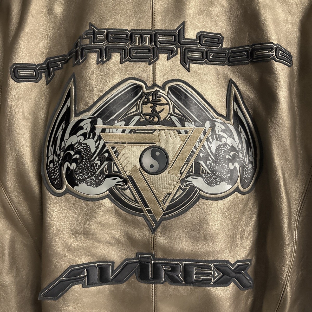 AVIREX Men's Y2K Authentic RARE Gold Silver Leather Jacket TEMPLE