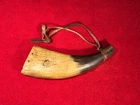 RARE CIVIL WAR ERA PISTOL POWDER HORN / FLATTENED / PERIOD NAILS / WOOD PLUG