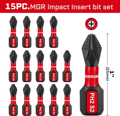 Impact Tough #2 Phillips 1 In. Anti-Slip Head Insert Driver Bits,15Pack 1/4 Inch