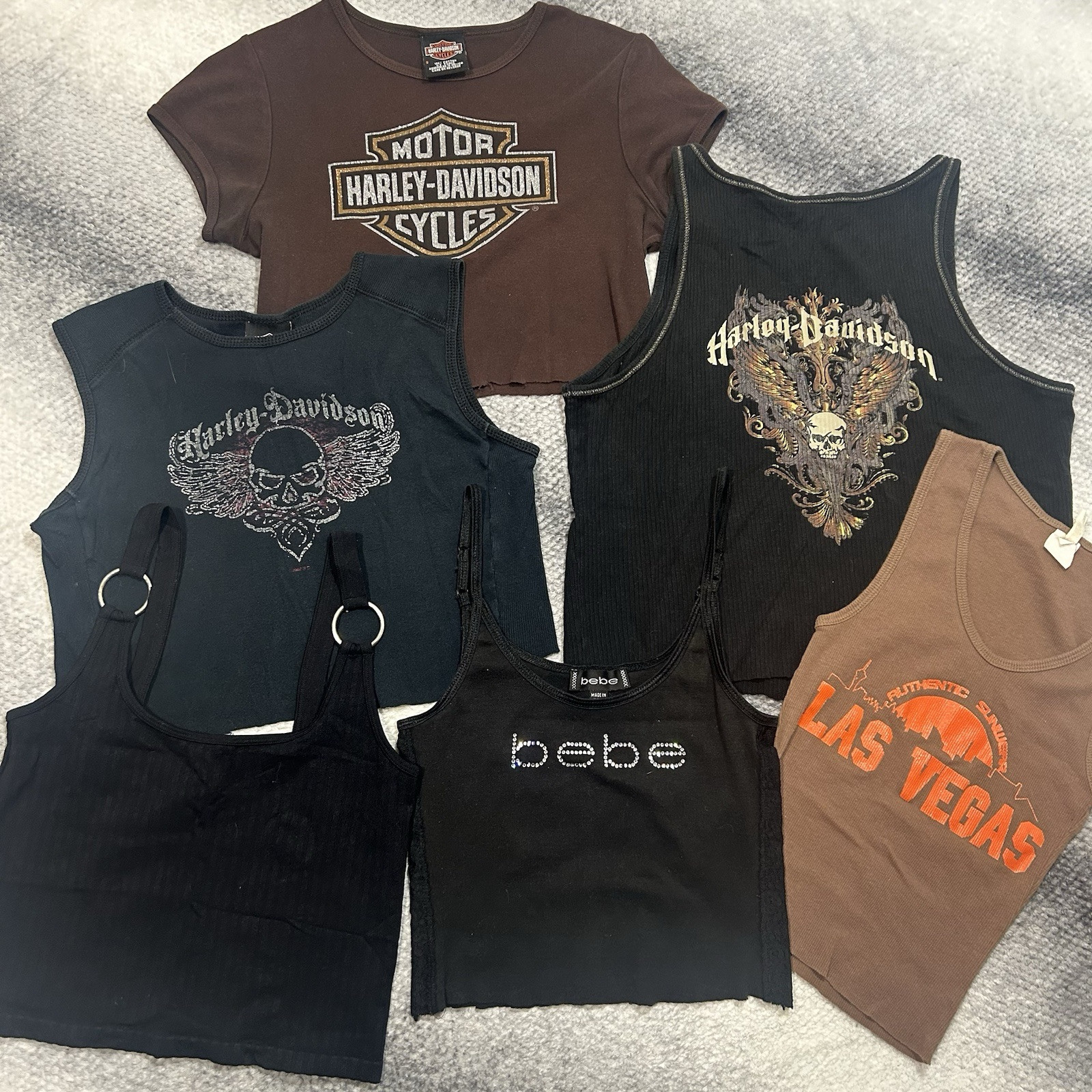 Y2K Vintage Small Cropped Top Bundle Harley Davidson Bebe Brown Black Tank