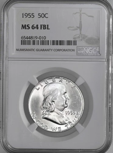 1955-P 50C FRANKLIN SILVER HALF DOLLAR (BUGS VARIETY) NGC MS64 FBL #6544819-010
