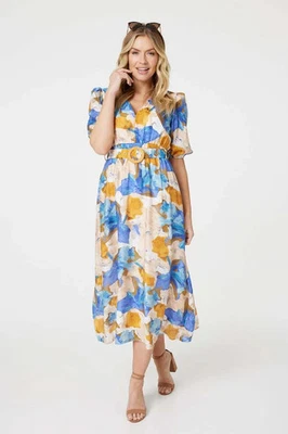 IZABEL LONDON Floral Midi Wickelkleid mit Gürtel Halbarm V-Ausschnitt UK 14 - Bild 1 von 3