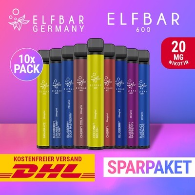 10 x ELFBAR 600 E-Zigarette - ELF BAR E-Shisha - 20mg Nikotin - Alle Sorten