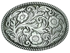 Silver Western Floral w/Rope Border Belt Buckle New