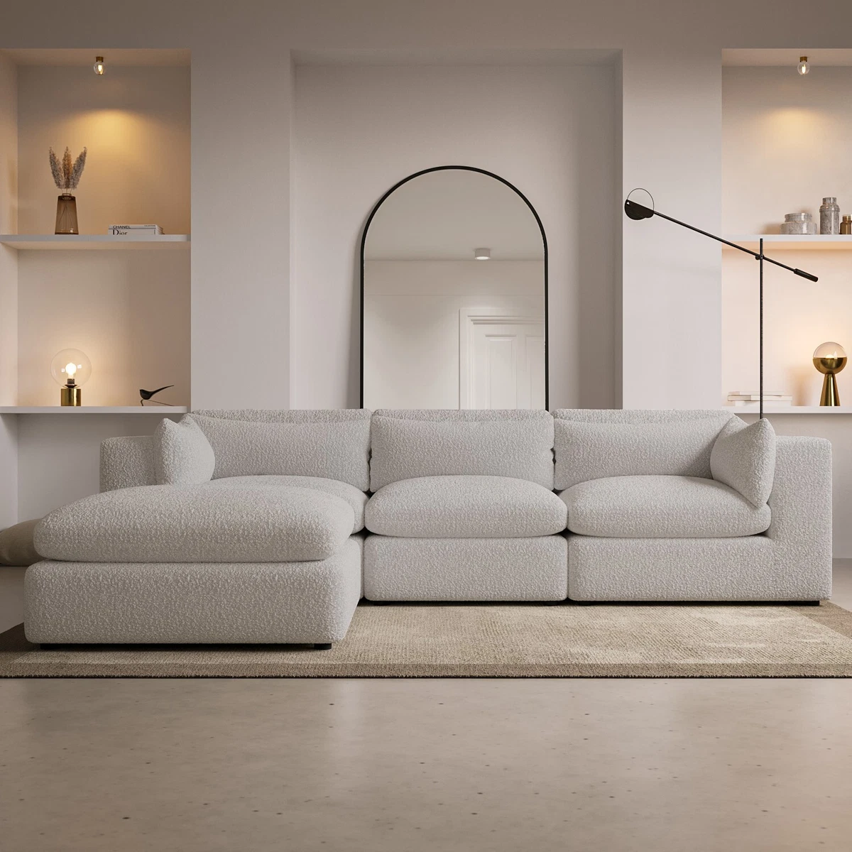 Large Beige Boucle Reversible 4 Seater L Shaped Sofa Hudson HSN001