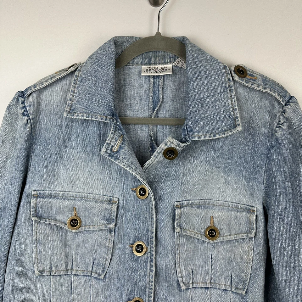 Newport News Jeanology Chaqueta Mujer 18 Jean Denim XL Azul Manga Gorra Botón BJ Foto 2 de 4