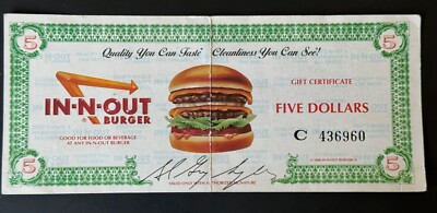 【希少】In-N-Out Burger  引換券 1994年 IN-N-OUT BURGER GIFT CERTIFICATE $5 Vintage 2000 Rare | eBay