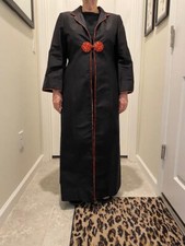ART TO WEAR VIETNAM LONG 100 SILK COAT BLACK W/RED/GOLD HAND EMBROIDERY