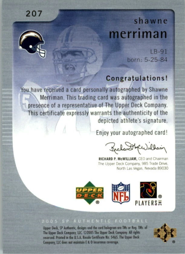 A2829- 2005 SP Authentic #207 Shawne Merriman RC Auto /850 - Image 2 of 2