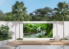 OUTDOOR BILDER BANNER GARTEN POSTER ZAUN WETTERFEST 370x180cm Wald Wasserfall