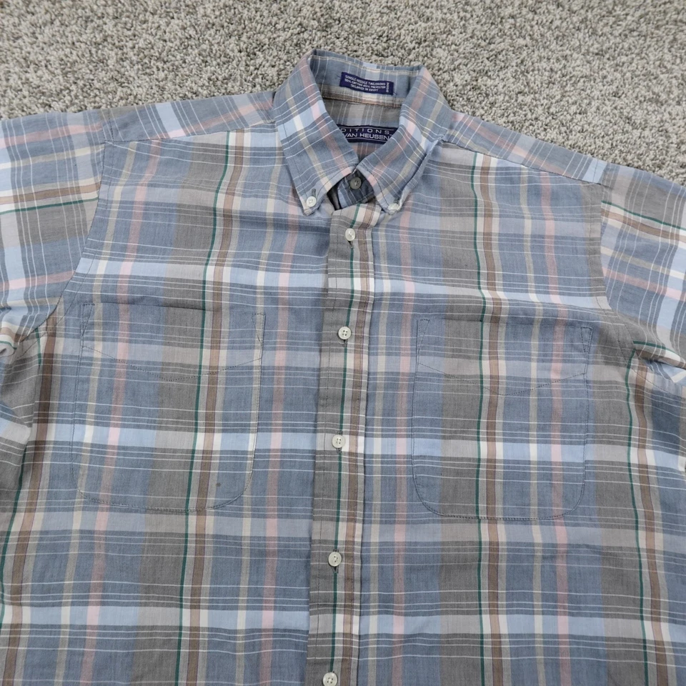 VTG Van Heusen Shirt Mens M Blue Gray Short Sleeve Button Up Preppy Casual Dress - Image 4 of 4