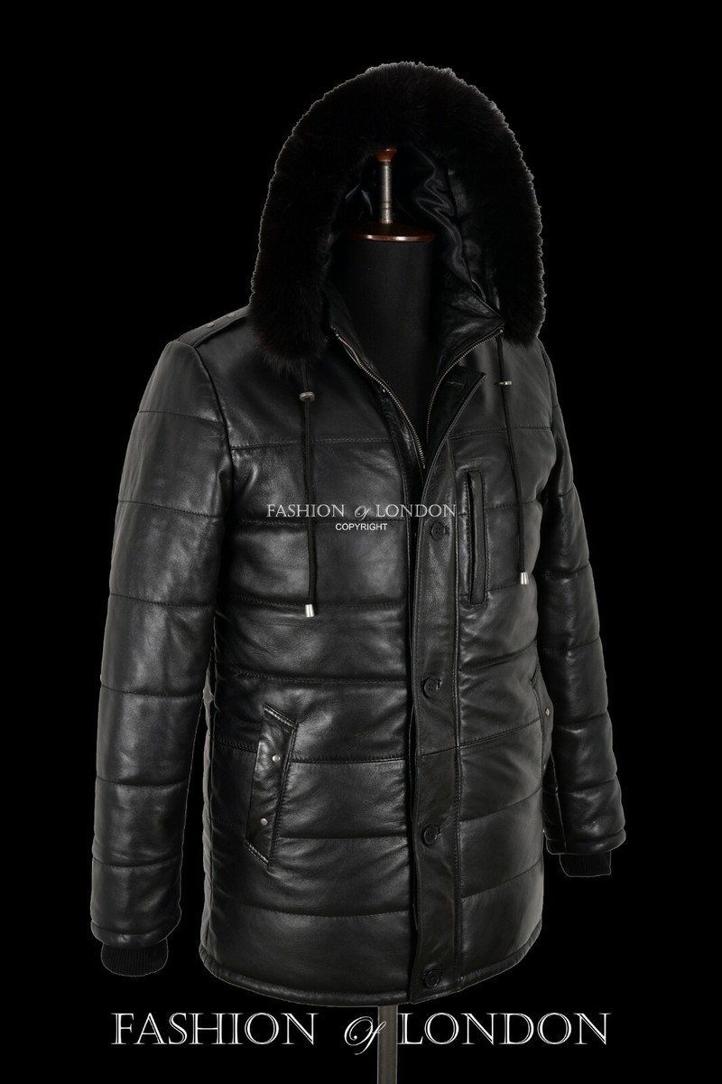 Leather Jacket Black Bubble Coat With Fur Hood Mens Men's Leather