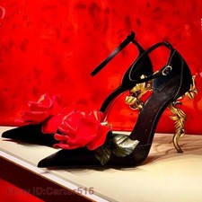 Womens Satin Pointed Toe Flower Ankle Strap High Strange Stiletto Heel Design Sz