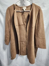 Chicos Brown Open Front Blazer Jacket Size 3 With Gold Zipper Sides For The Hips