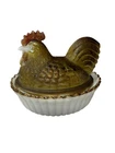 Vintage Hen-On-Nest Milk Glass Dish With Amber & Gold Details Decorative Collect