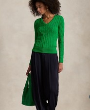 NWT Polo Ralph Lauren Women's Cable-Knit Cotton V-Neck Jumper Sweater Medium