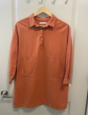 Zara Girl s Orange Collared Button Front Shirt Dress 3/4 Sleeve Size 13-14