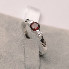 925 Sterling Silver Red Garnet Gemstone Three Stone Round Cut Ring Duty Free