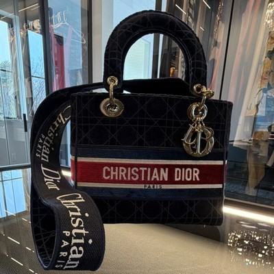 Dior Book Velvet D-Lite Cannage Pattern in Navy Red White with Strap Charm