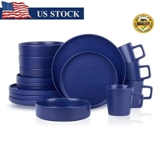 Stoneware Dinnerware Set 16-Piece Kitchen Dining Home Service for 4 Durable Blue