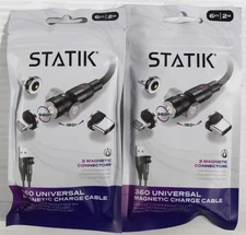 2-PK STATIK 360 Universal Magnetic Rotating 6ft Charge Cables USB-C Micro-USB ++
