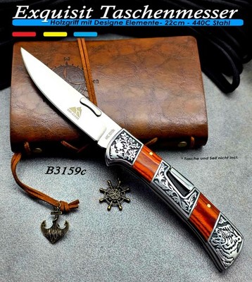Exquisit Knife B3159c| Holzgriff 22cm Taschen Messer 440C Stahl Camping Outdoor