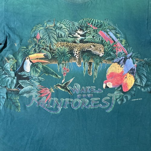 Vintage 90s Rainforest Habitat AOP T Shirt Wrap Around Green Single Stitch XL - Picture 3 of 9