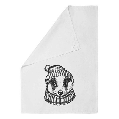 'Badger Wearing Bobble Hat' White Cotton Tea Towel / Dish Cloth (TW00068183)