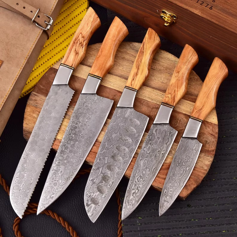 Damascus Olivia Wood Chef Knife Sets Handmade knife Set with Steel Kitchen "