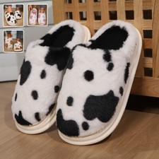 Cute Cow Spotted Plush Slippers Winter Warm Non-slip Bedroom Floor Fuzzy Slipper