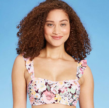 Shade Shore Women's Ruffle Strap Bralette Bikini Top Pink Floral Size 34B