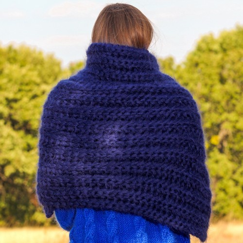 Thick blue fuzzy mohair scarf extra long shawl handknit neck warmer SUPERTANYA - Picture 5 of 10