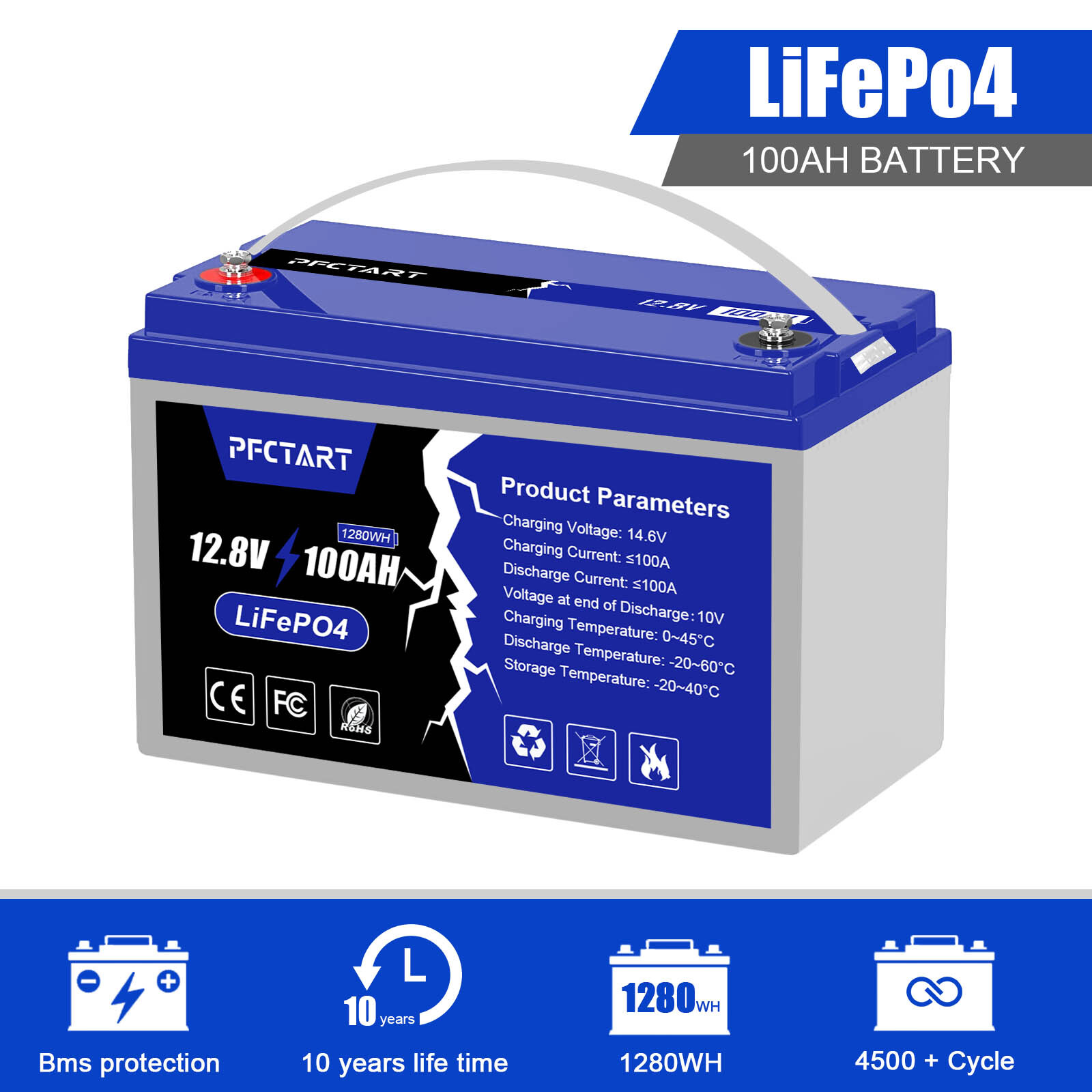 12V 100Ah LiFePO4 Deep Cycle Battery for Solar RV Marine Off-Grid Power