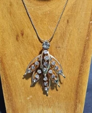 Victorian Revival Floral White Rhinestone Pendant Goldtone Necklace 23" Long 