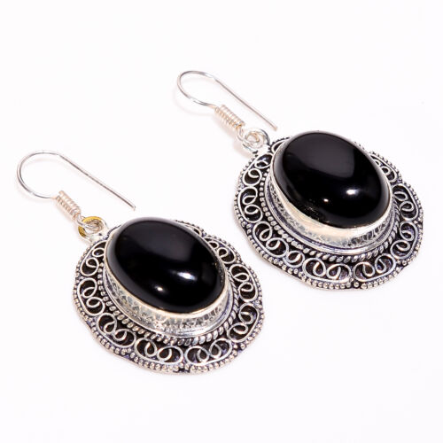Black Onyx Vintage Handmade Jewelry 925 Sterling Silver Earrings 1.9" GSR-4084 - Picture 1 of 2