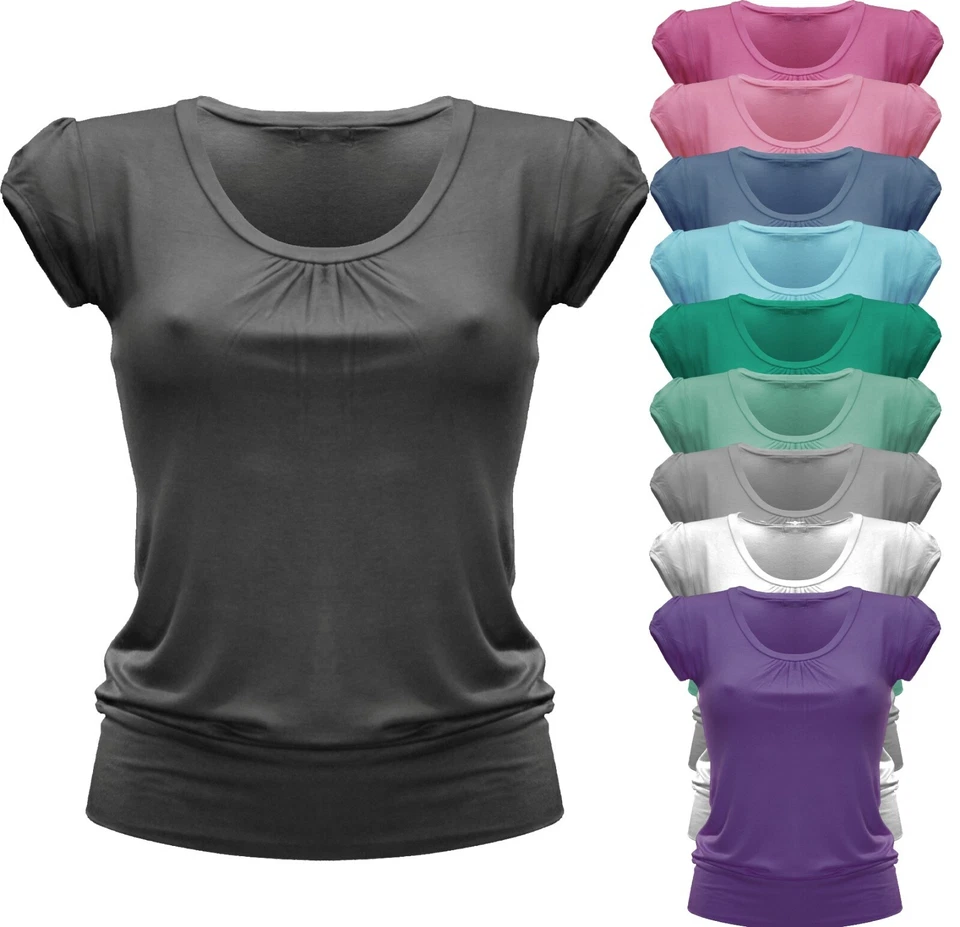 MUSE Damen Kurzarm T-Shirt TShirt Bluse Rundhalsausschnitt Basis Saumbund Unifarbe