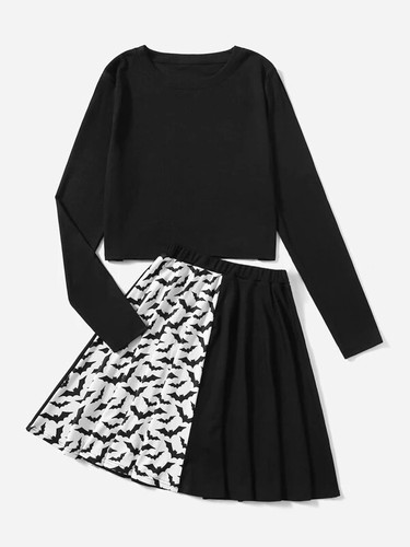 Romwe Goth einfarbig gerippt Langarm Crop Top & Fledermaus Print Rock S schwarz neu in Verpackung sexy - Bild 1 von 2