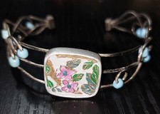Vintage Fashion Costume Jewelry Silver Beaded Cuff Bracelet Floral