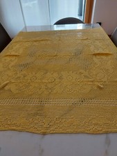 Tovaglia quadrata Vintage in cotone gialla lavorazione a Filet all'uncinetto 