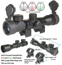 4X32 Compact Scope, Red and Green Illu. Rangefinder With Flip Lens Cap and Ring
