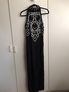 Vintage Formal Beaded Sequins Silk Lined Halter Sheath Gown Black & White Small