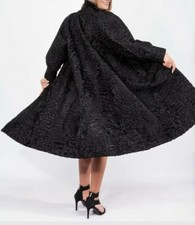 S-m Chic Cut Black Swakara Lamb Fur Coat A-line