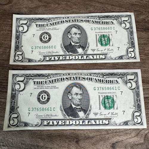 1969 $5 Five Dollar Bills With Subsequent Numbers G37658660C G37658661C C4 - Picture 5 of 8