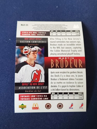 1994-95 Upper Deck MARTIN BRODEUR McDonalds FUTURE NHL ALL-STAR CARD #MCD-35 - Picture 4 of 6